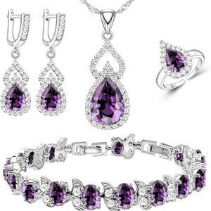 Women Jewelry Set Platinum Plated Necklace Open Ring Earrings Bracelet Set